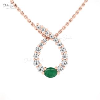 Oval Twisted Wedding Pendant With 4x3mm Emerald And Diamond Necklace In 14k Solid Gold