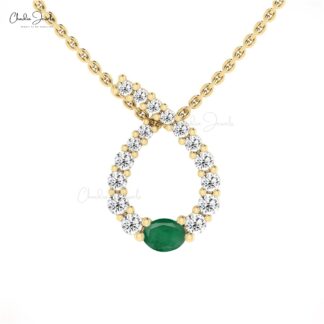 Oval Twisted Wedding Pendant With 4x3mm Emerald And Diamond Necklace In 14k Solid Gold