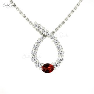 Gemstone Curved Pendant In 14k Real Gold Red Garnet 0.19 Ct Oval Cut And Diamond Jewelry