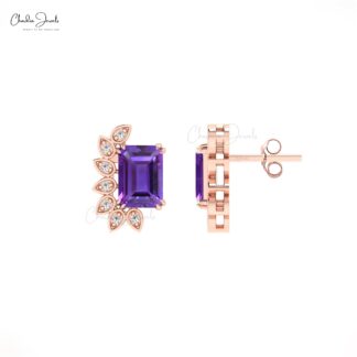 Natural Amethyst Statement Stud In Real 14k Gold Gemstone 7x5mm And Diamond Earrings