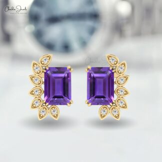 Natural Amethyst Statement Stud In Real 14k Gold Gemstone 7x5mm And Diamond Earrings