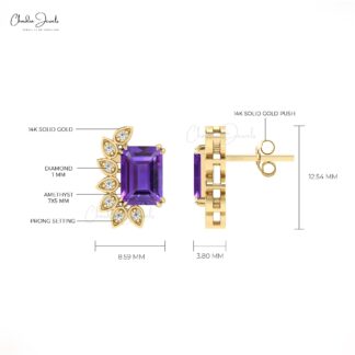 Natural Amethyst Statement Stud In Real 14k Gold Gemstone 7x5mm And Diamond Earrings