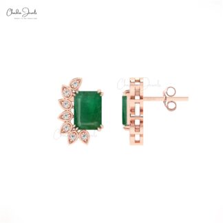 Natural Emerald & Diamond Stud Earrings In 14K Solid Gold