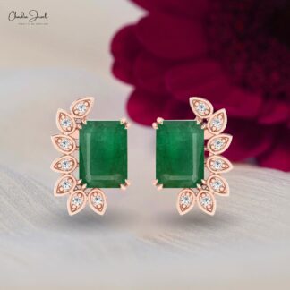 Natural Emerald & Diamond Stud Earrings In 14K Solid Gold