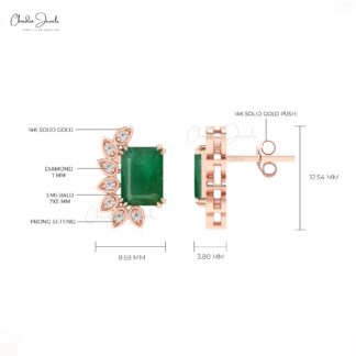 Natural Emerald & Diamond Stud Earrings In 14K Solid Gold