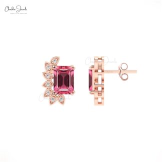 Octagon Cut Statement Stud In 14k Pure Gold With 7x5mm Pink Tourmaline Diamond Wings Studs