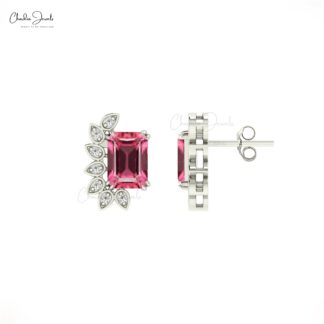 Octagon Cut Statement Stud In 14k Pure Gold With 7x5mm Pink Tourmaline Diamond Wings Studs