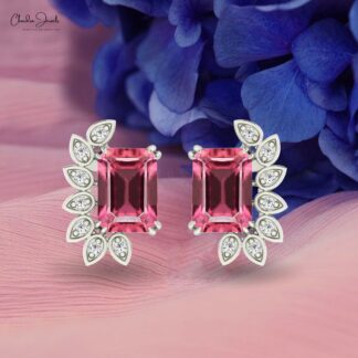 Octagon Cut Statement Stud In 14k Pure Gold With 7x5mm Pink Tourmaline Diamond Wings Studs