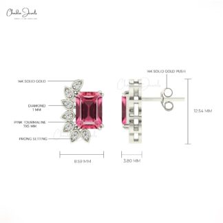 Octagon Cut Statement Stud In 14k Pure Gold With 7x5mm Pink Tourmaline Diamond Wings Studs