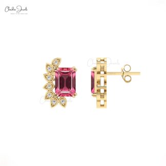 Octagon Cut Statement Stud In 14k Pure Gold With 7x5mm Pink Tourmaline Diamond Wings Studs