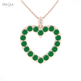 Hollow Heart Love Pendant With 3.5mm Emerald And Pave Diamond Necklace In 14k Real Gold