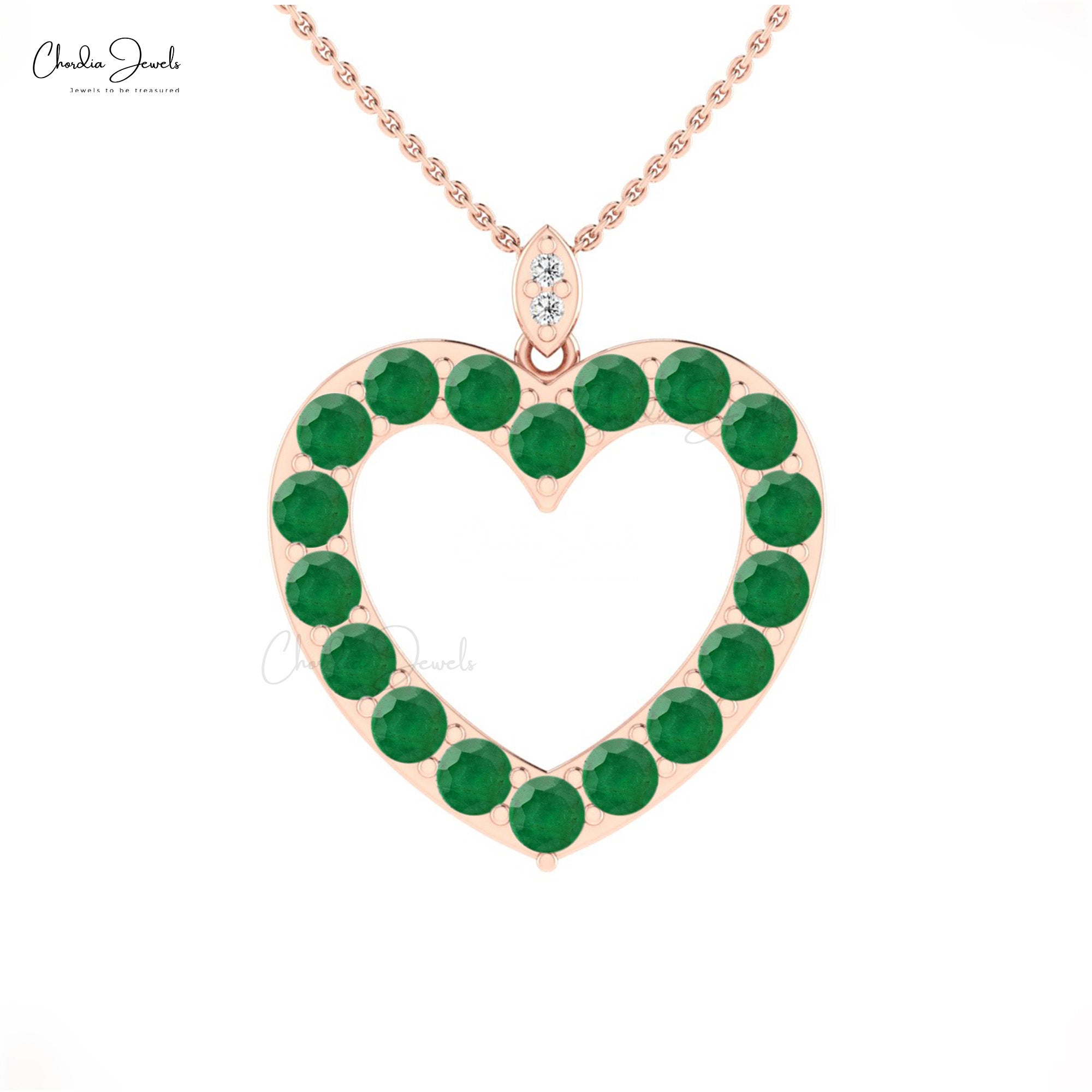 Hollow Heart Love Pendant With 3.5mm Emerald And Pave Diamond Necklace In 14k Real Gold