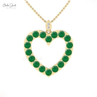 Hollow Heart Love Pendant With 3.5mm Emerald And Pave Diamond Necklace In 14k Real Gold