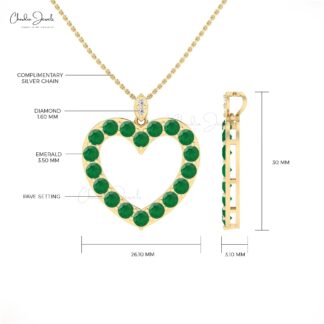 Hollow Heart Love Pendant With 3.5mm Emerald And Pave Diamond Necklace In 14k Real Gold
