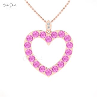Solid 14k Gold Heart Pendant With 3.5mm Pink Sapphire And Diamond Women Necklace