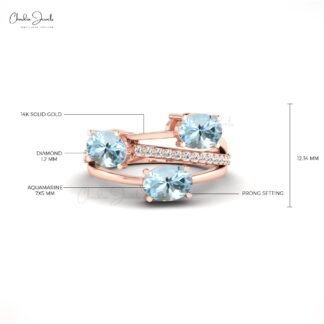 Oval Split Shank Ring In 14k Solid Gold With 2.16 Ct Aquamarine And Diamond Ring