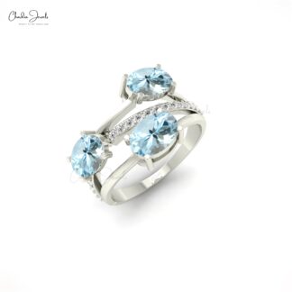 Oval Split Shank Ring In 14k Solid Gold With 2.16 Ct Aquamarine And Diamond Ring