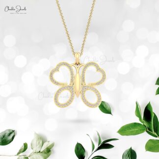 Genuine Diamond Butterfly Pendant With 0.44 Ct Round Pave Set In 14k Gold Fine Jewelry