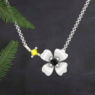 Genuine Yellow Sapphire 2 Stone Necklace In Pure 14k Gold Diamond Floral Necklace For Mom