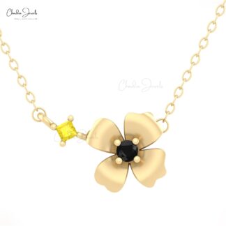 Genuine Yellow Sapphire 2 Stone Necklace In Pure 14k Gold Diamond Floral Necklace For Mom