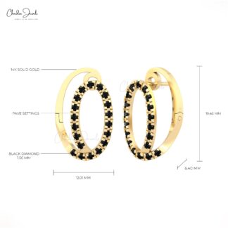 Genuine Black Diamond Hoops With 0.57 Ct Round Pave Set In 14k Solid Gold Huggies Earrings