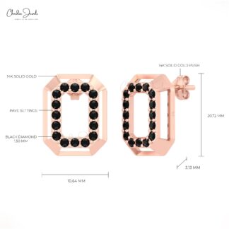 Open Octagon Shape Earrings With 1.5mm Black Diamond April Birthstone Studs In 14k Gold