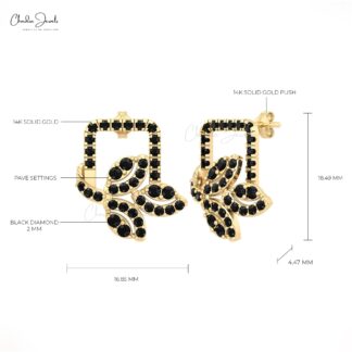 Olive Leaf Floral Studs With 1.29 Ct Black Diamond Push Back Earrings In 14k Solid Gold