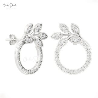Open Circle Push Back Earrings In Real 14k Gold White Diamond Floral Studs For Her