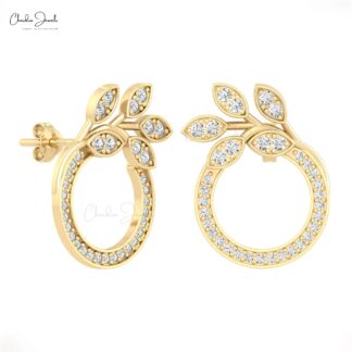 Open Circle Push Back Earrings In Real 14k Gold White Diamond Floral Studs For Her