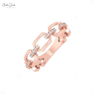 Natural White Diamond Link Ring in 14k Solid Gold Pave Set Minimalist Wedding Rings