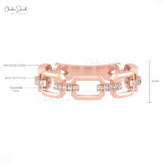 Natural White Diamond Link Ring in 14k Solid Gold Pave Set Minimalist Wedding Rings