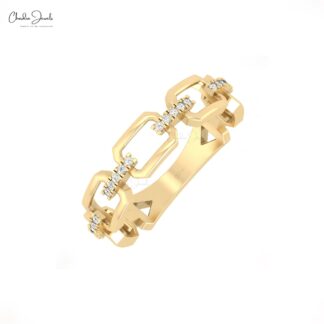 Natural White Diamond Link Ring in 14k Solid Gold Pave Set Minimalist Wedding Rings
