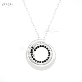 Open Circle Hidden Bail Pendant With 0.12 Ct Black Diamond Swirl Necklace In 14k Real Gold