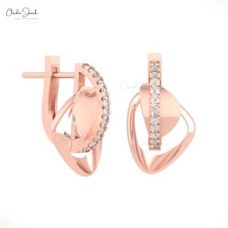 Genuine White Diamond Link Huggies With 1mm Round Cut Pave In 14k Real Gold Earrings