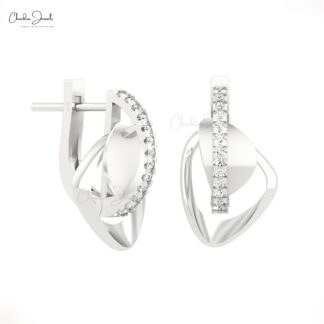 Genuine White Diamond Link Huggies With 1mm Round Cut Pave In 14k Real Gold Earrings