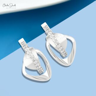 Genuine White Diamond Link Huggies With 1mm Round Cut Pave In 14k Real Gold Earrings