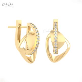 Genuine White Diamond Link Huggies With 1mm Round Cut Pave In 14k Real Gold Earrings