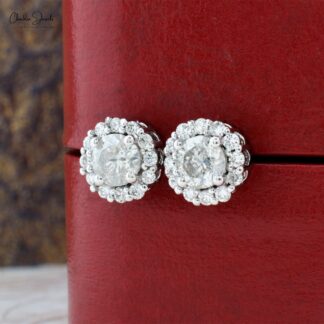 Halo Wedding Earrings In 14k Real White Gold Diamond 1.24 CTW Round Cut Bridal Studs