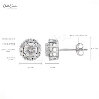 Halo Wedding Earrings In 14k Real White Gold Diamond 1.24 CTW Round Cut Bridal Studs