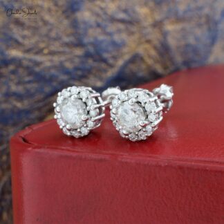 Halo Wedding Earrings In 14k Real White Gold Diamond 1.24 CTW Round Cut Bridal Studs