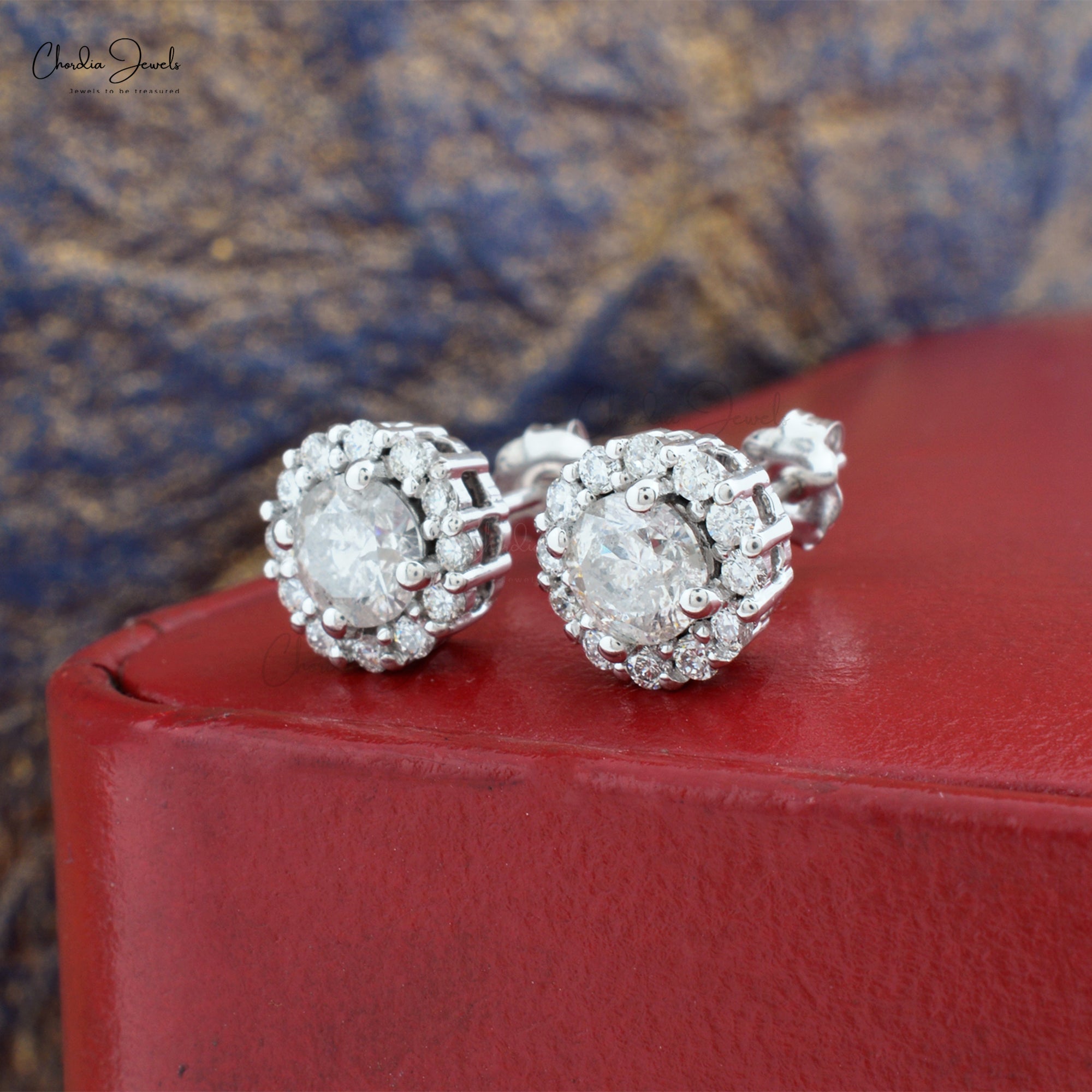 Halo Wedding Earrings In 14k Real White Gold Diamond 1.24 CTW Round Cut Bridal Studs