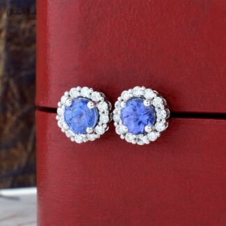 Genuine Tanzanite & Diamond Halo Studs 14k White Gold Push Back Earrings For Wedding Gift