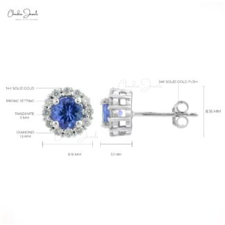 Genuine Tanzanite & Diamond Halo Studs 14k White Gold Push Back Earrings For Wedding Gift