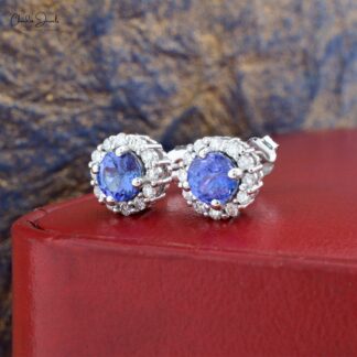 Genuine Tanzanite & Diamond Halo Studs 14k White Gold Push Back Earrings For Wedding Gift