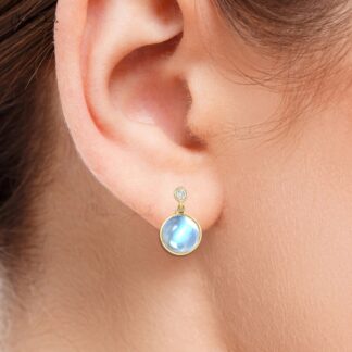 Genuine Rainbow Moonstone Dangling Earrings 14k Solid Yellow Gold Diamond Minimalist Studs 8mm Round Cut Gemstone Fine Jewelry