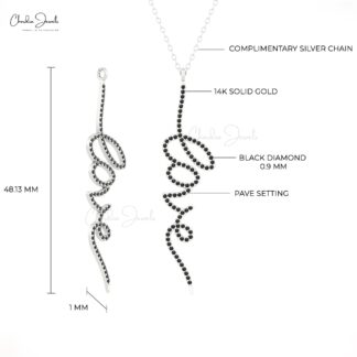 Love Word Proposal Pendant With 0.37 Ct Black Diamond Handmade Necklace In 14k Solid Gold
