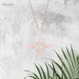 North Star Open Pendant In Solid 14k Gold G-H Diamond April Birthstone Celestial Necklace