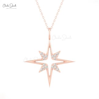 North Star Open Pendant In Solid 14k Gold G-H Diamond April Birthstone Celestial Necklace