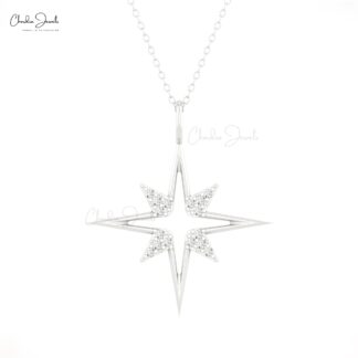 North Star Open Pendant In Solid 14k Gold G-H Diamond April Birthstone Celestial Necklace
