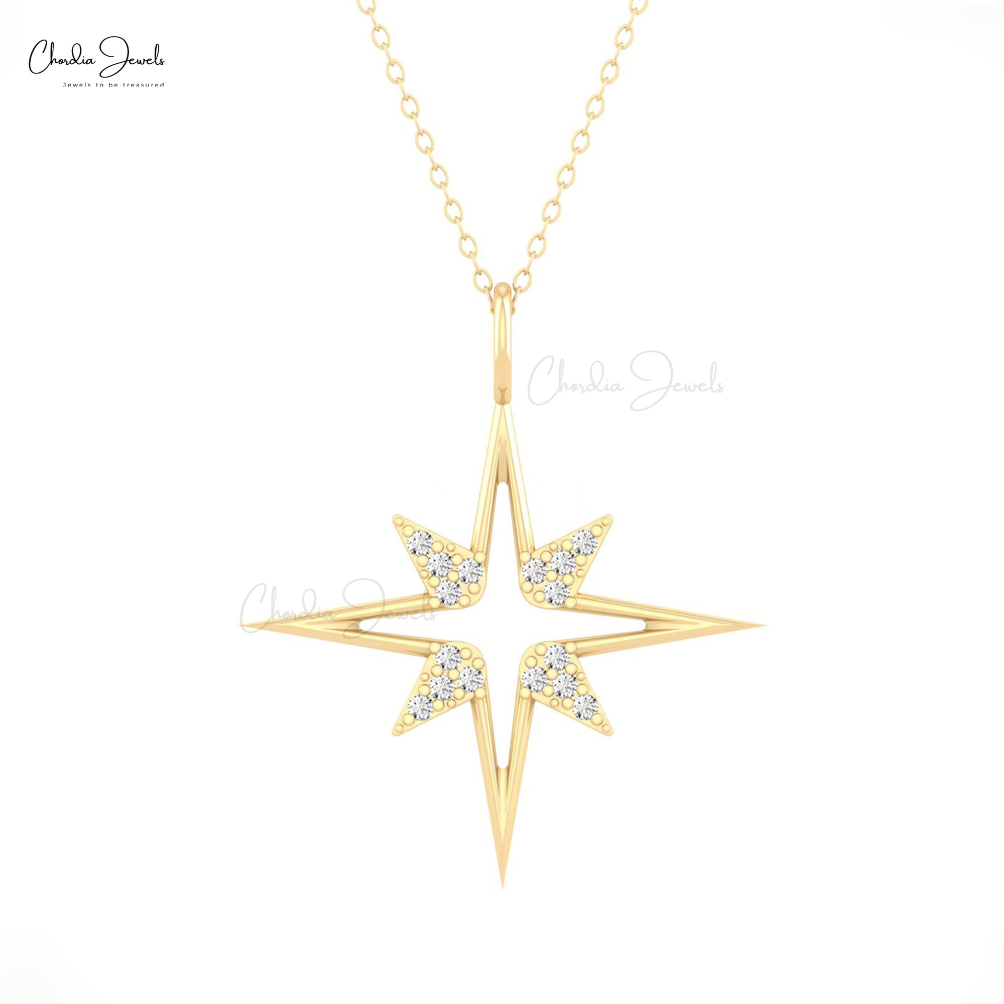 North Star Open Pendant In Solid 14k Gold G-H Diamond April Birthstone Celestial Necklace